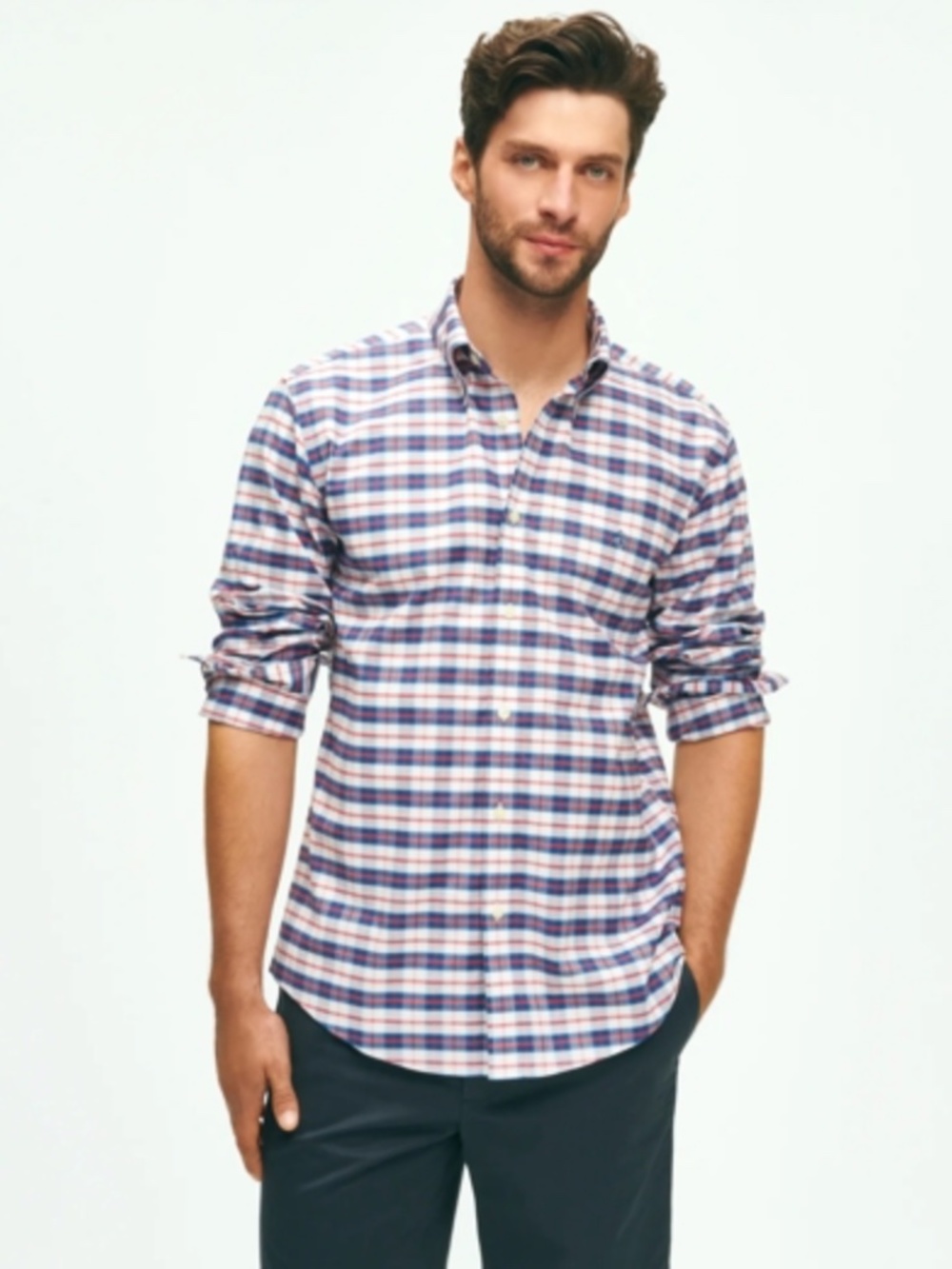 Brooks Brothers Stretch Non-Iron Oxford Polo Button-Down Checked Shirt NWT
